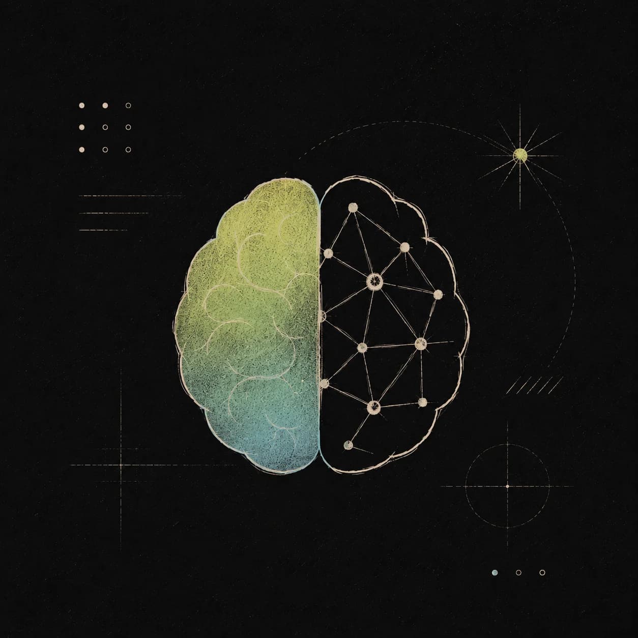 Line illustration of a brain, one half solid and one half a connected network of nodes