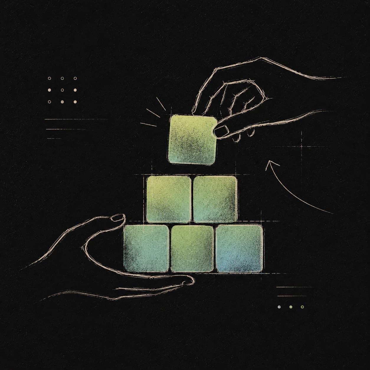 Line illustration of hands stacking blocks into a stable structure