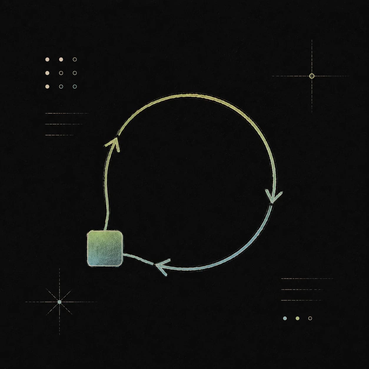 Line illustration of a continuous loop returning to a single block, representing an operating rhythm
