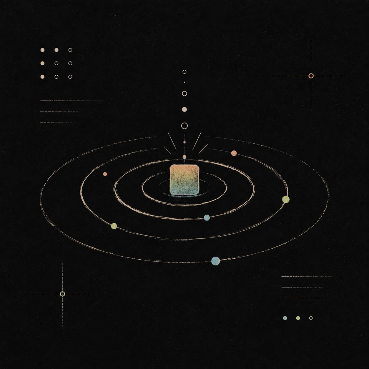 Line illustration of a central idea with themes orbiting it on concentric rings