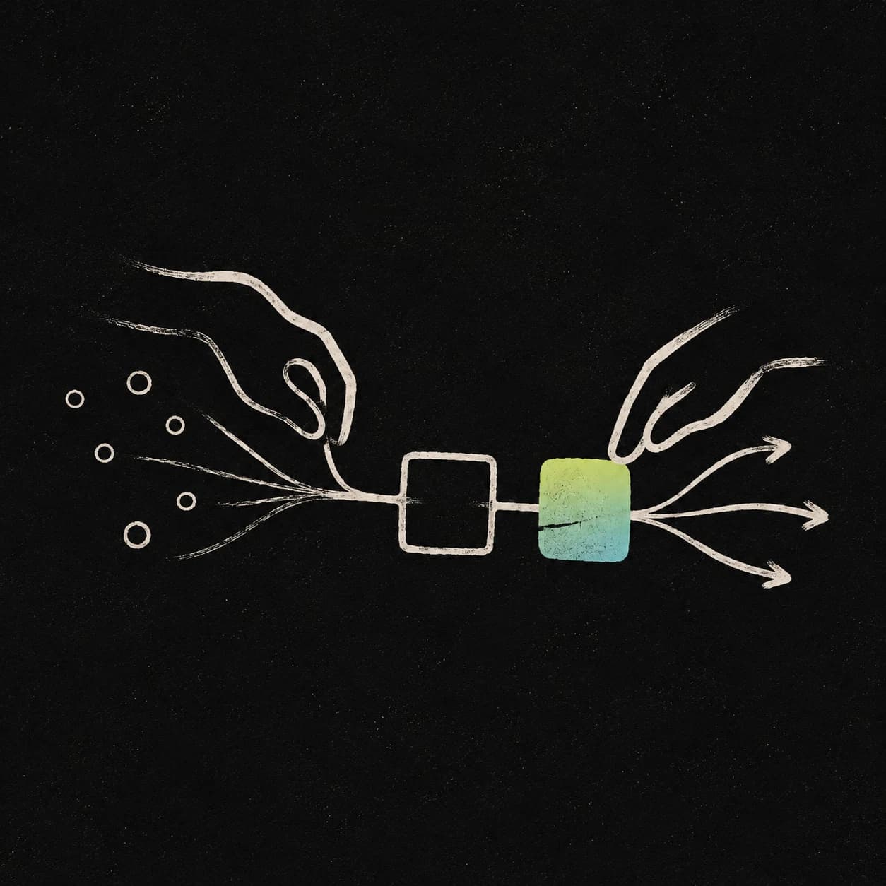 Line illustration of scattered inputs drawn through a connected system and directed outward along clear paths
